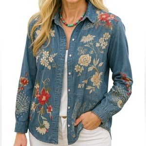 Johnny Was Freja heavily embroidered pearl button down shirt/jacket NWT